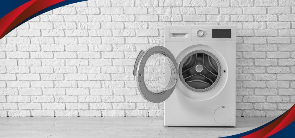 plain white front load washing machine in the Philippines with white brick background