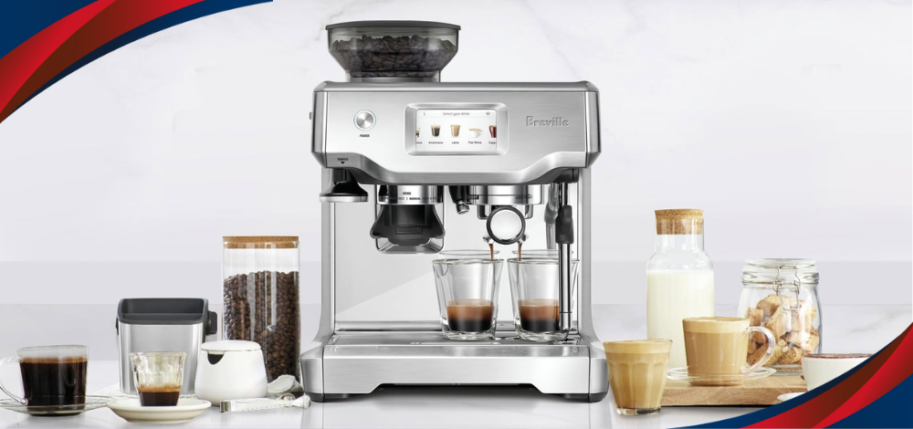 A photo of a Breville Espresso Machine available in the Philippines with coffee-making ingredients